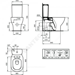 Унитаз без бачка TESI горизонт/выпуск без сиденья Ideal Standard T008201